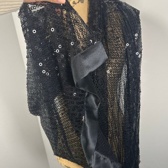 Black Mesh Sequin Satin Trim Scarf Shawl Women's OS - Picture 4 of 7